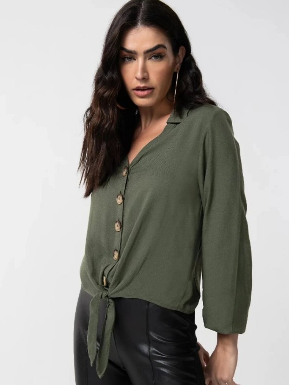 Olive Green Button Front Tie Waist Blouse V Neck Long Sleeve Size L